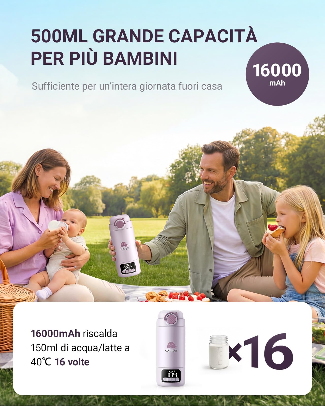 Comfyer BW02 Scaldabiberon Portatile con Batteria 16000mAh e Sterilizzatore Integrato – Riscaldamento Rapido per Latte Materno e Acqua, 2 Modalità, Biberon Warmer per Viaggio e Casa, 500ml