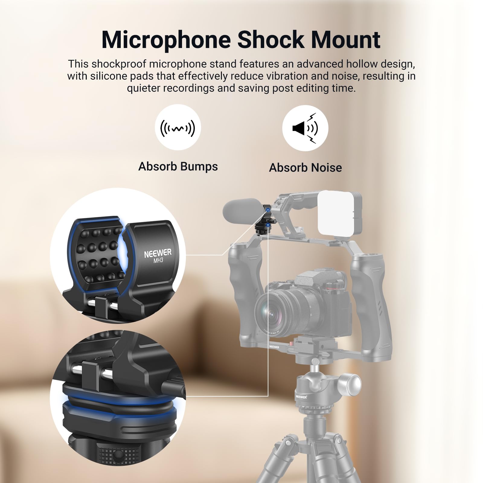 NEEWER Micrófono Soporte con Zapata Fría Adaptador Shock Absorb Micrófono | MH3, Montura, Reducción de Ruido Accessories con Built in Silicone Pads, para Mics of 0.7" to 1" (19 to 25mm) in Diameter