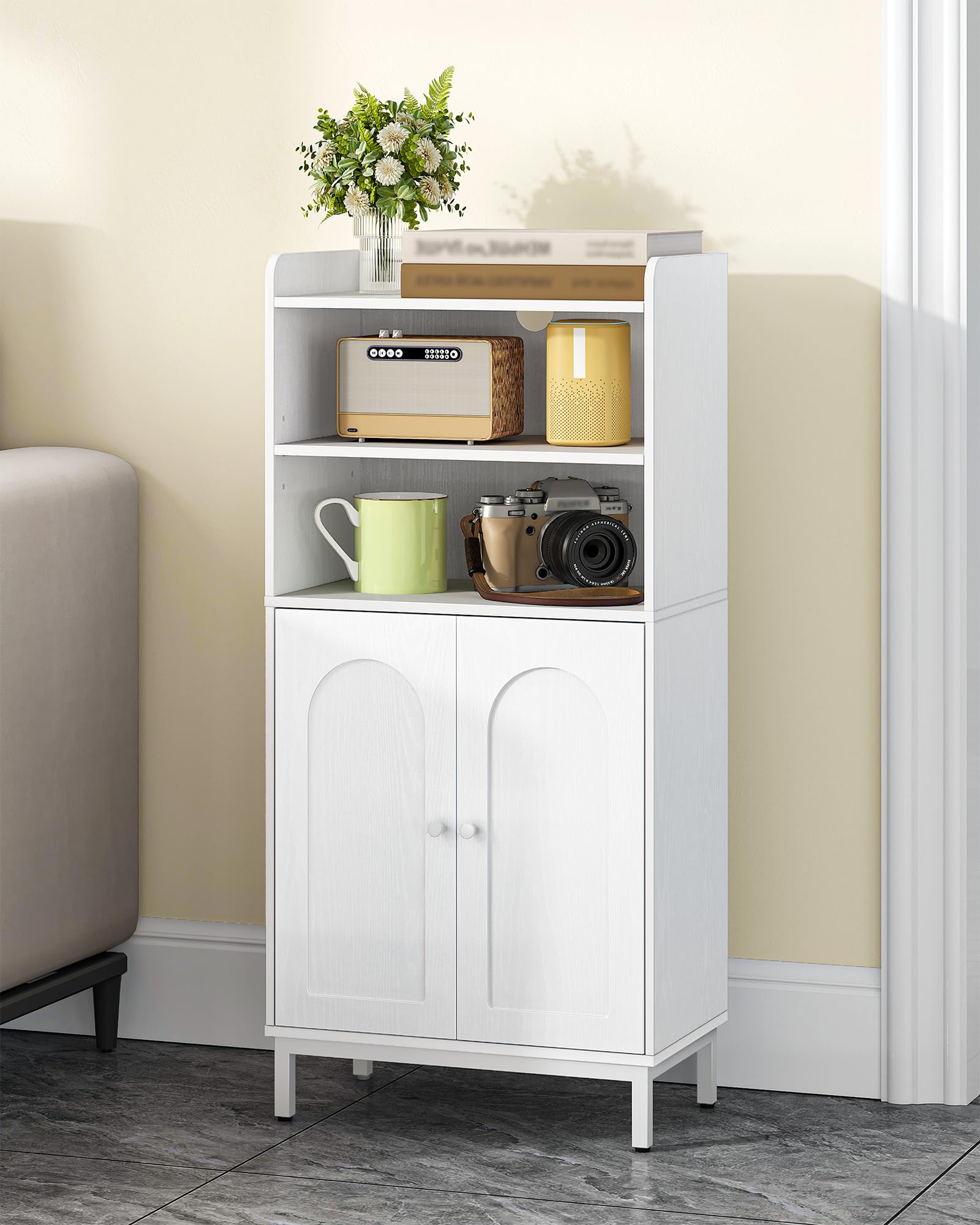 Hzuaneri Badezimmerschrank, Badschrank, Küchenschrank mit 2 offenen Fächern, 2 Türen, 2 verstellbaren Einlegeböden, Freistehender Badezimmer, 20 × 37 × 84 cm, Weiß BC48213W