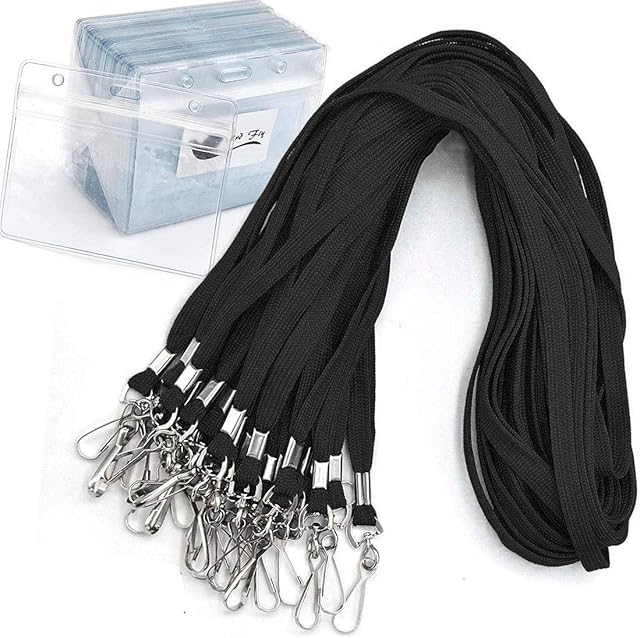 Name Tags Lanyard Badge Holder Pairs (Set of 50, Black): Woven Round Lanyard & Horizontal Sealable Waterproof Clear Plastic ID Card Name