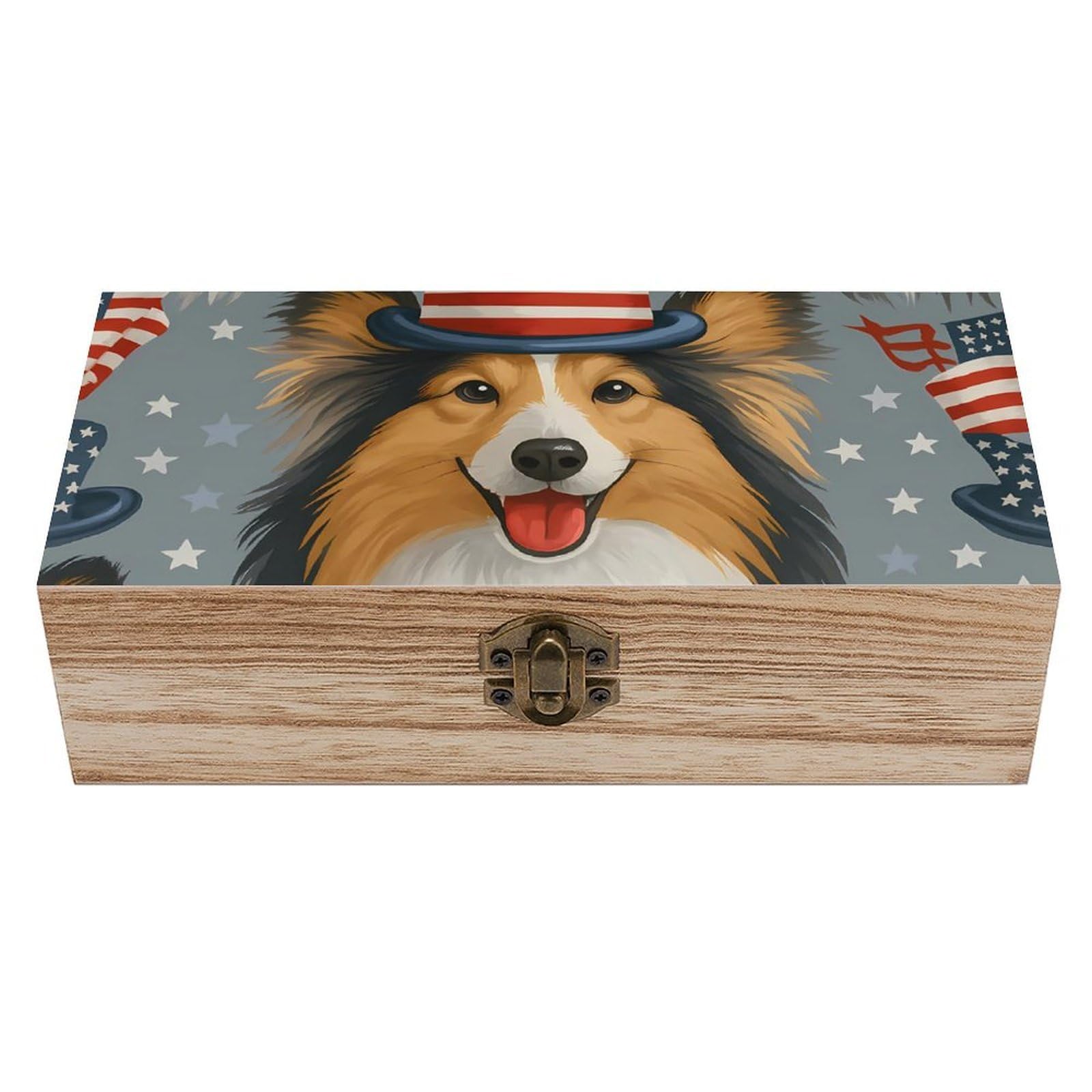 HLBSDM Charming Australian Shepherd & The United States Hat Retro Wooden Storage Box Jewelry Art Gift Boxs Decorative Keepsake Boxes