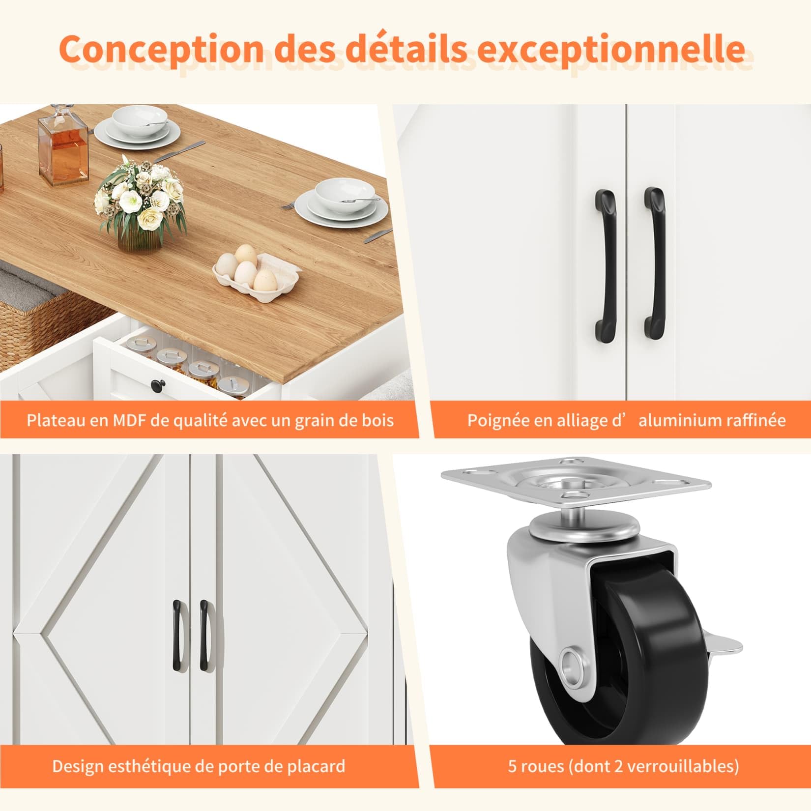 PUGSDRLY Desserte ilôt de Cuisine avec roulettes,Buffet Cuisine de Rangement avec Plateau de Table Pliable,Chariot de Repas,2 Tiroirs et 3 Portes,Espace de Rangement Multifonctionnel (Blanc-C)