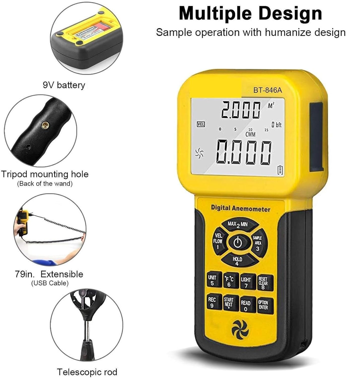 846A Pro HVAC Anemometer Measures Wind Speed Wind Flow Wind Temp Tester CFM Air Flow Velocity Meter with Backlight