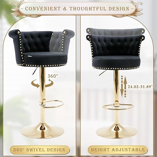 Miniatura 5 de Juego de 2 taburetes de bar de terciopelo con altura de mostrador, taburetes de bar giratorios con respaldo y reposapiés, modernas sillas de bar