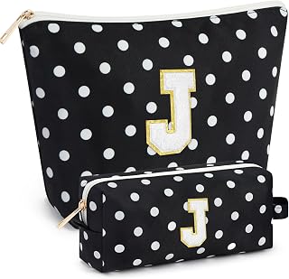 mibasies 2 PCS Initial Makeup Bags for Women: Cosmetic Bag for Travel Toiletry - Birthday Gifts for Teen Girl Gifts Trendy Stuff - Graduation Teacher Gift for Girlfriend -Polka Dot Black J