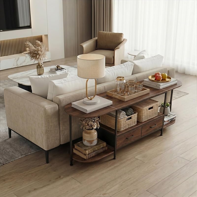 Faesun 63" TV Stand for TVs up to 75 Inches, Curved Edge Media Console & Entertainment Center with 2 Fabric Drawers, Modern TV Console Table for Living Room or Bedroom, Walnut image 5
