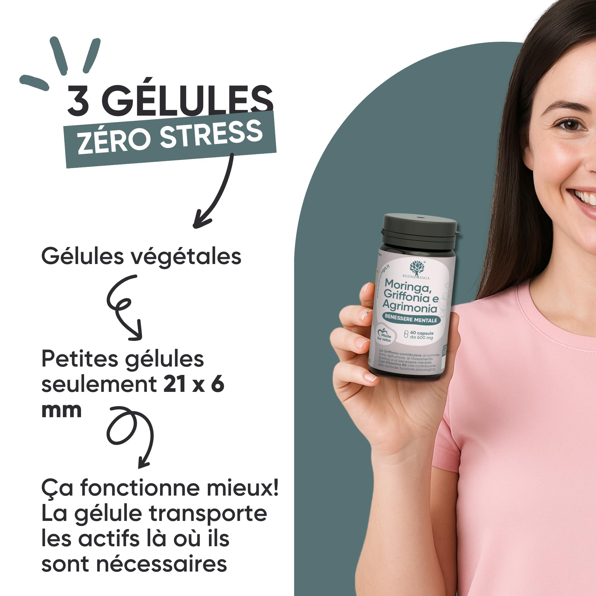 Griffonia 300mg 5-HTP Tryptophane | Avec Agrimony fleur de bach stress anxiété, Vit B6, Moringa BIO | Unique en France | Complément stress anxiété angoisse, BienÊtre Mental | RedMoringa 180 Gélules