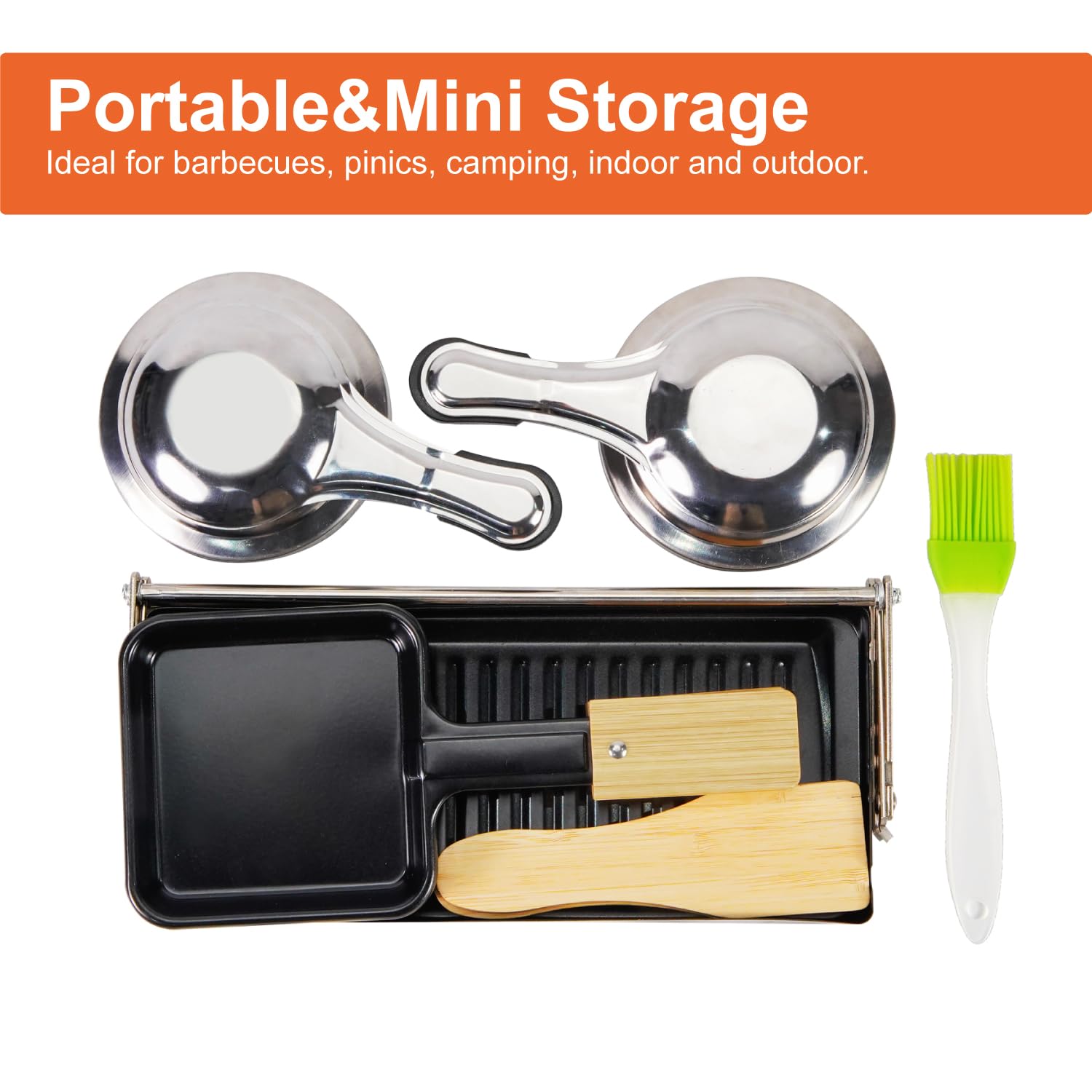 Mini Appareil à Raclette Portable pour 2 Personnes, Plaque Antiadhésive avec Gril, 2 Brûleurs à Alcool, 2 Spatules et Support Métallique Pliable pour Camping, Pique-nique et BBQ