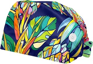 2 Pieces Working Hat with Buttons Adjustable Sweatband Bouffant Hats Unisex Tie Back Hats Colorful Pineapple Palm Summer