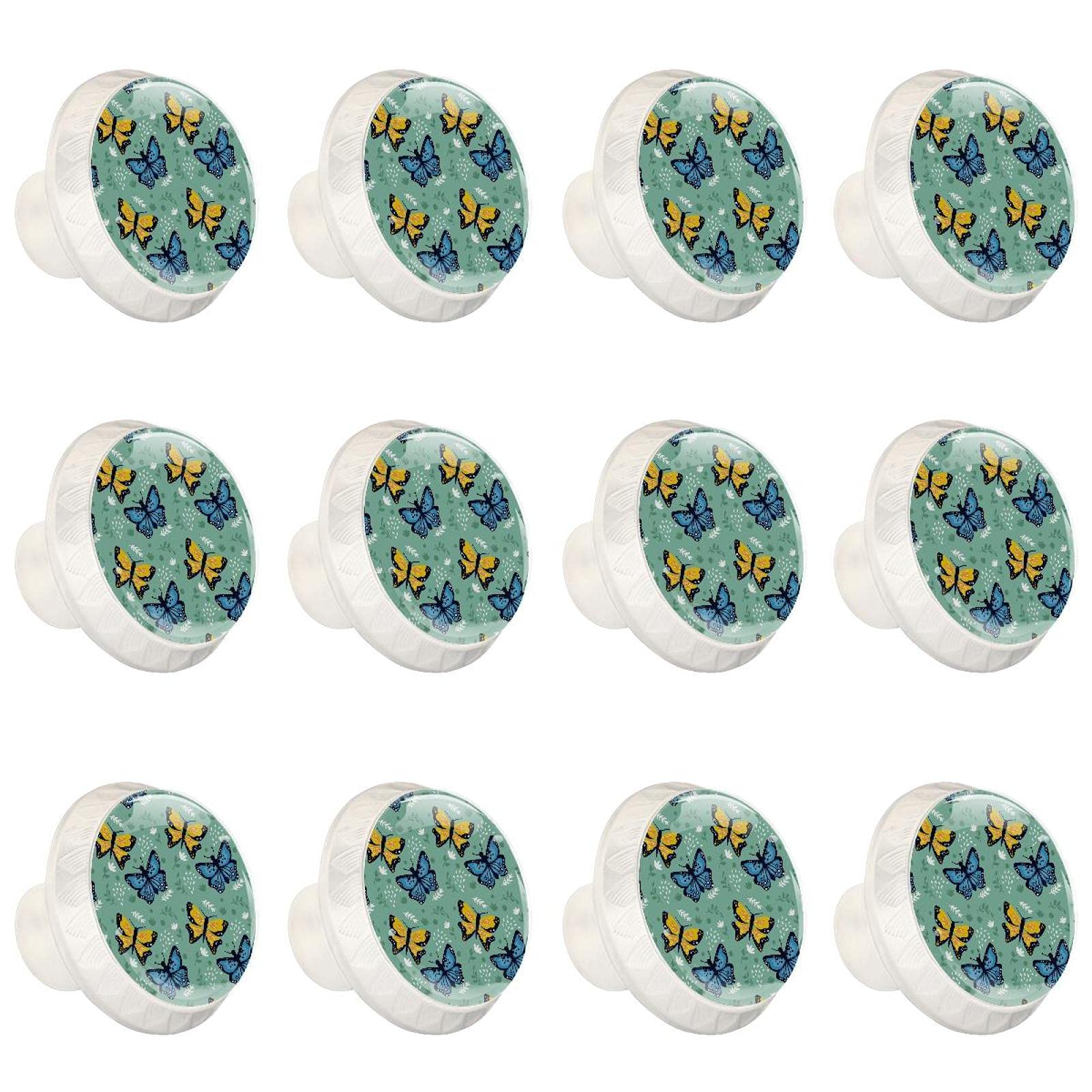 Boutons de commode ronds imprimé papillon bucolique jaune et bleu