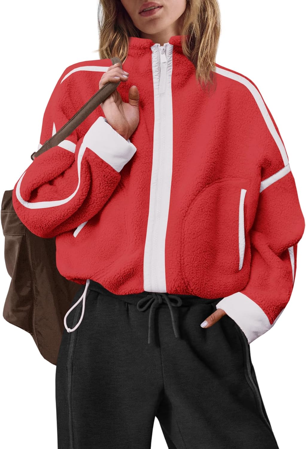 ReachMe Womens Fleece Jacket Zip Up Sherpa Jackets Striped Sweatshirt 2025 Winter Coats Warm Fuzzy Pullover - Image 3