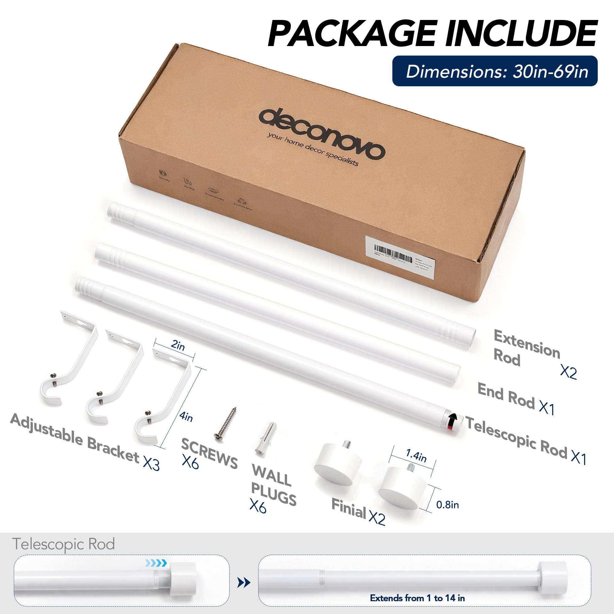 Deconovo Barra de Cortina Extensible Blanco, 76–175 cm, Metal Ø19 mm, Robusta y Estable hasta 10 kg, Ideal para Dormitorio y Salón