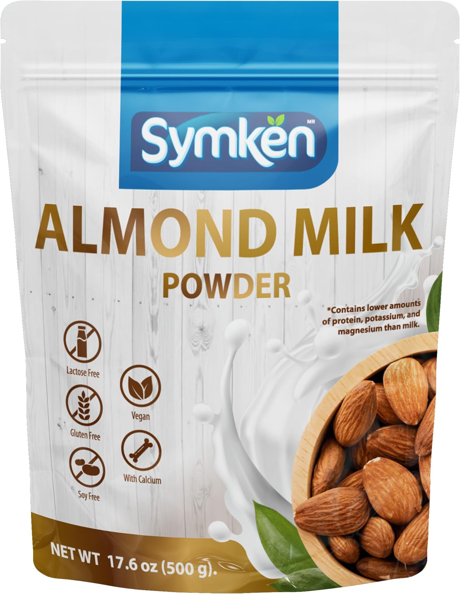 SYMKEN Almond Milk Powder 17.6 Oz (500g) | Pure Almond | No added sugar | Vegan | Gluten free | Lactose free | Non-GMO | Non-Dairy | Vegan protein (15%) | Plant-based Almond Milk