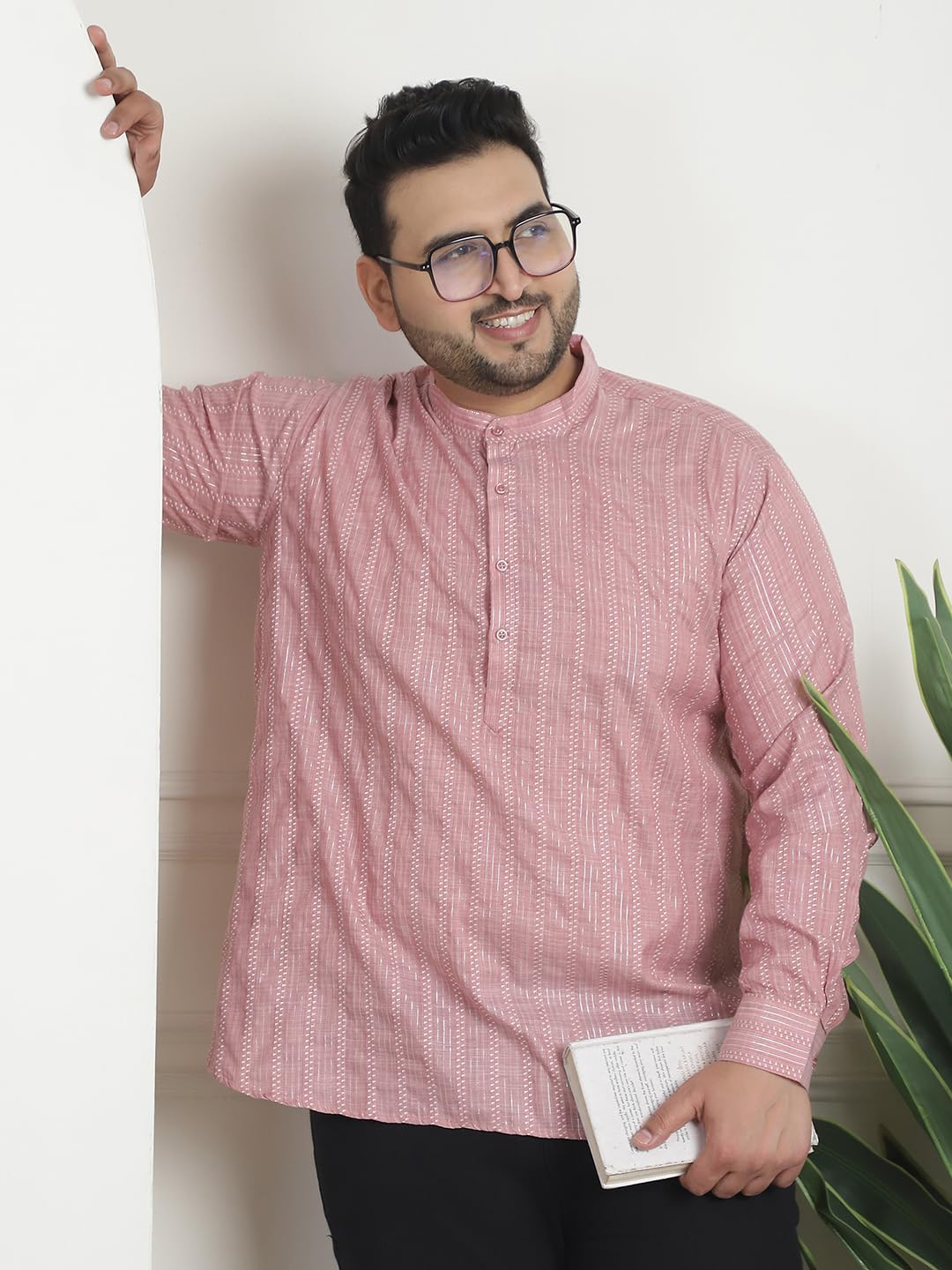 Sojanya Plus (Since 1958) Men's Cotton Woven Design Pink Short Kurta