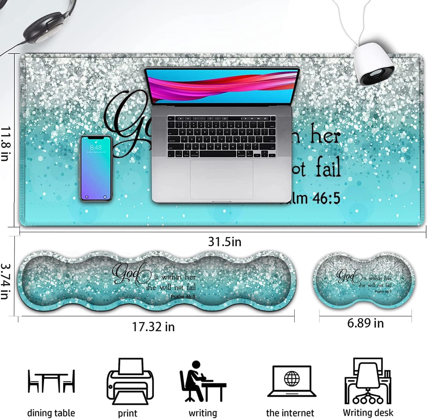 Large Gaming Mouse Pad,Extended Office Desk Mat,Waterproof Desk Writing Pad for Office/Home Ergonomic Mouse &Keyboard Wrist Rest,Psalm 46:5 Pattern Laptop Desk Pad Blue Mousepad Wrist Support