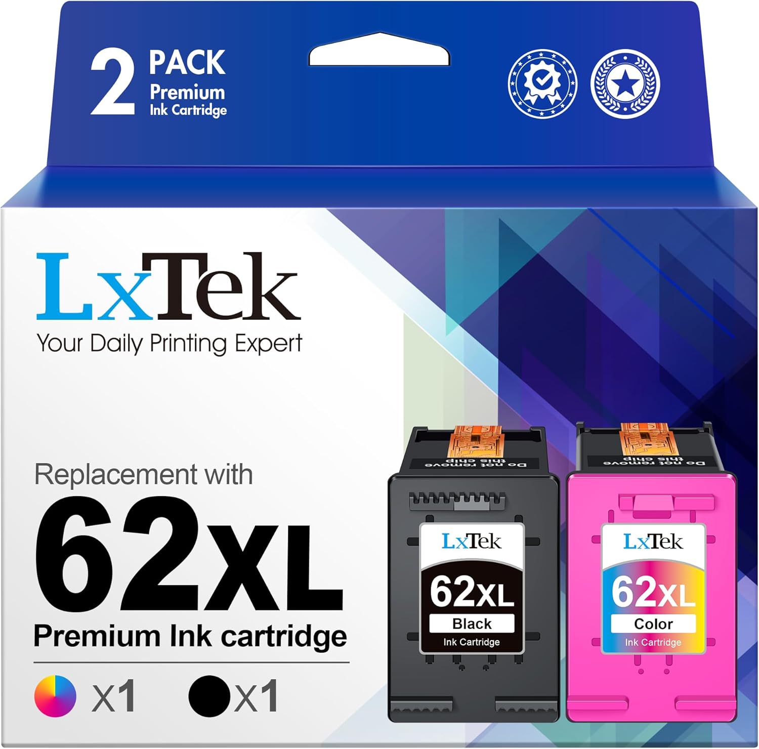 LxTek Ink Cartridge Replacement for HP 62XL Ink Cartridges 62 XL Ink Compatible with Envy 5540 5660 7645 5642 5542 5643 5640 7644 OfficeJet 250 5740 200 5745 Printer (1 Black,1 Tri-Color, 2 Pack)