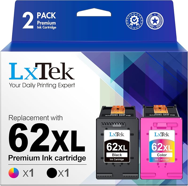 LxTek 62 XL Ink Compatible with Envy 5540 5660 7645 5642 5542 5643 5640 | Replacement for HP 62XL Ink Cartridges 62 XL Ink Compatible with OfficeJet 250 5740 200 5745 Printer (2 Pack)
