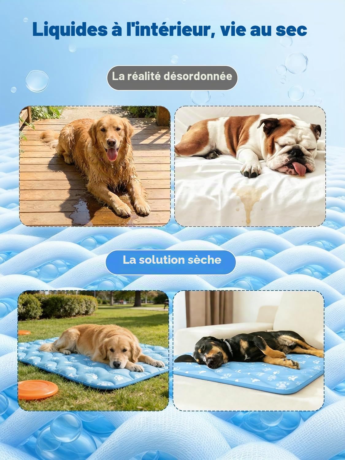 Rywell Tapis Rafraichissant Chien 110X80cm, Absorbe Rapidement l'eau(Bleu) | Technologie de Refroidissement Arc-Chill 3.0(Q-Max>0.5); Thermochromique; OEKO-TEX; Imperméable;Antidérapant;Lavable;Portable