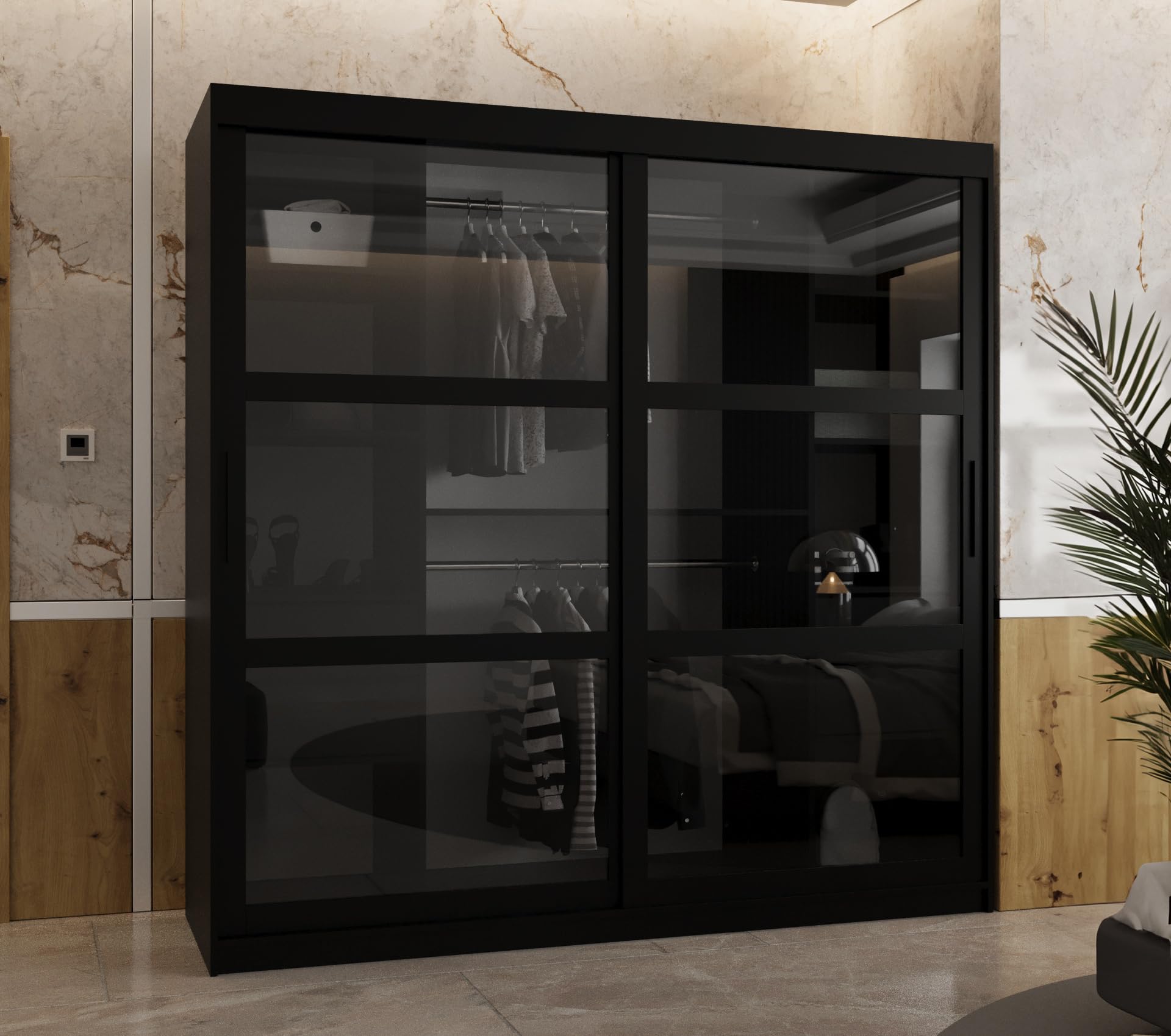 MEBLE KRYSPOL Dome Schrank mit Zwei Schiebetüren mit Spiegel, Stangen und Regalen - Aufbewahrungsschrank mit Rauchglas für Schlafzimmer, Wohnzimmer - 200x200x62cm - Schwarz, Schwarz, Schwarz