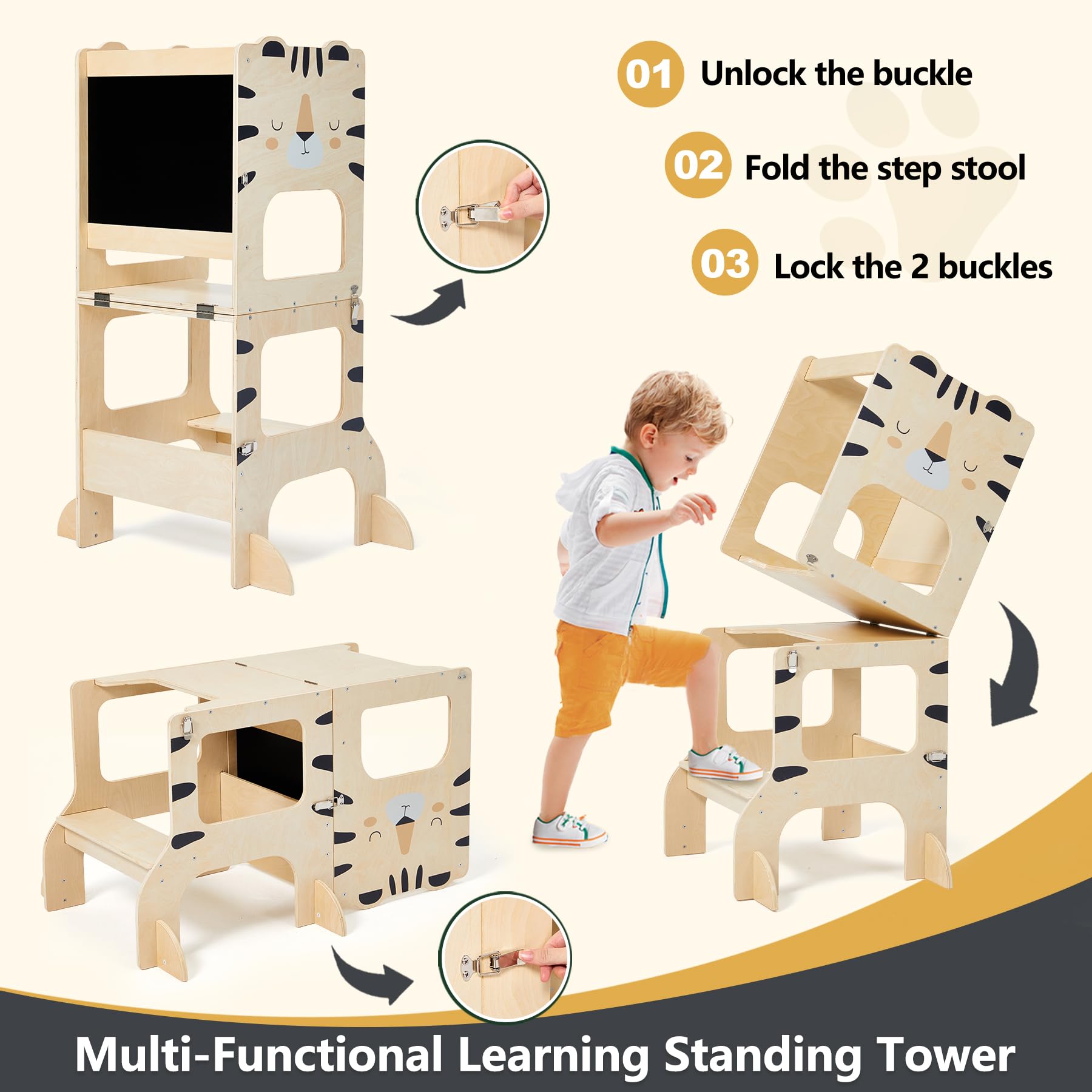Torre da cucina per bambini, torre di apprendimento in piedi, 2 in 1, sgabello da cucina in legno nero con lavagna Montessori e Waldorf Helper per bambini in cucina