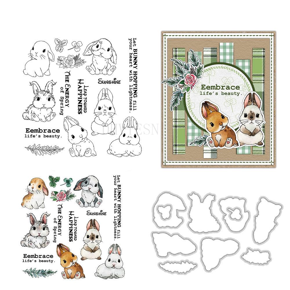 Mini Rabbit Stamps and Die Cuts for Card Making Animal Transparent Silicone Clear Stamp and Metal Cutting Dies Sets for DIY Scrapbooking Paper Crafting Seals Decorative Supplies