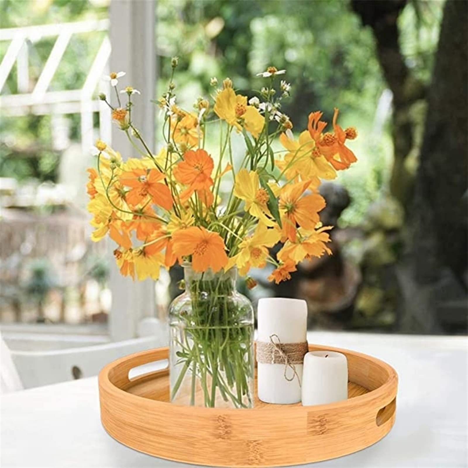 Bandejas para Servir Juego de bandejas para Servir Redondas con Asas - Bandeja Circular de Madera de bambú para Mesa de café, Comida