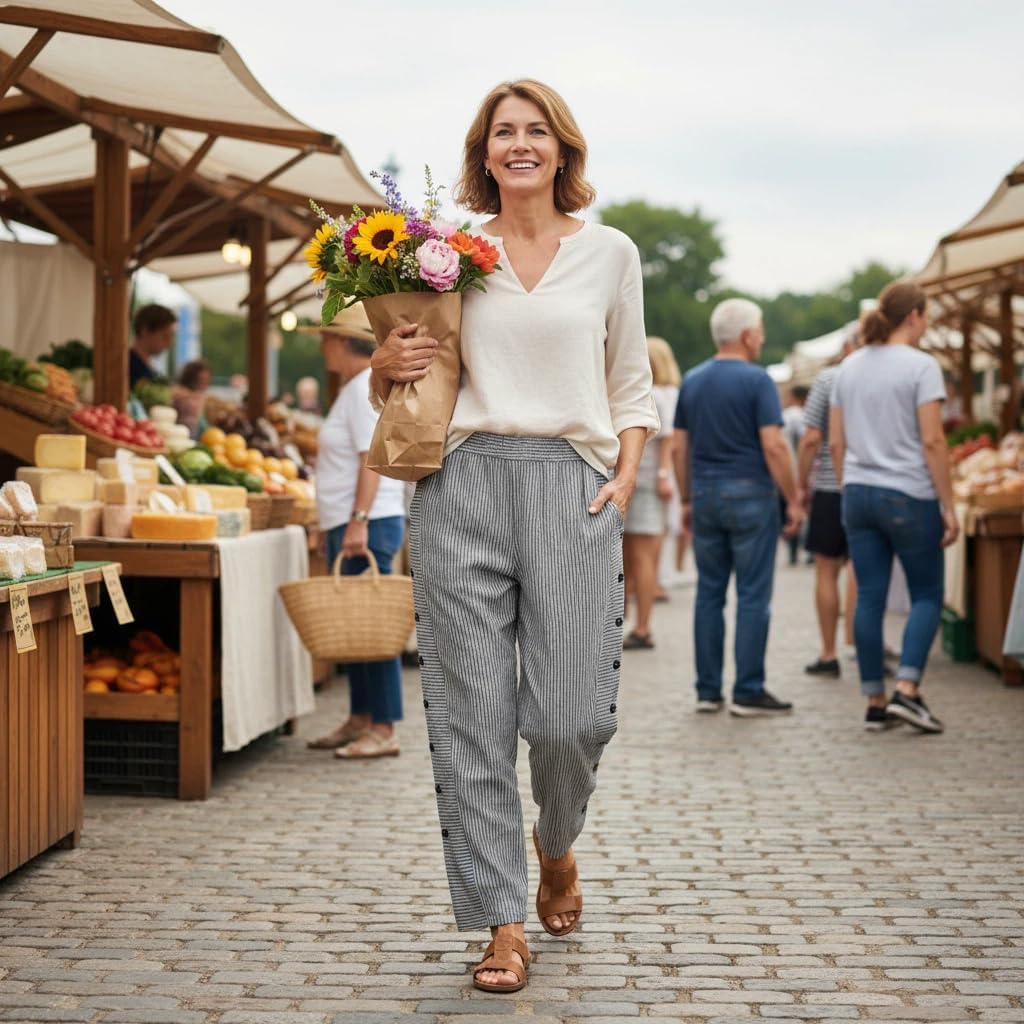 Women's Cotton Linen Striped Pants Straight Leg Side Button High Waisted Summer Casual Trousers - Image 2