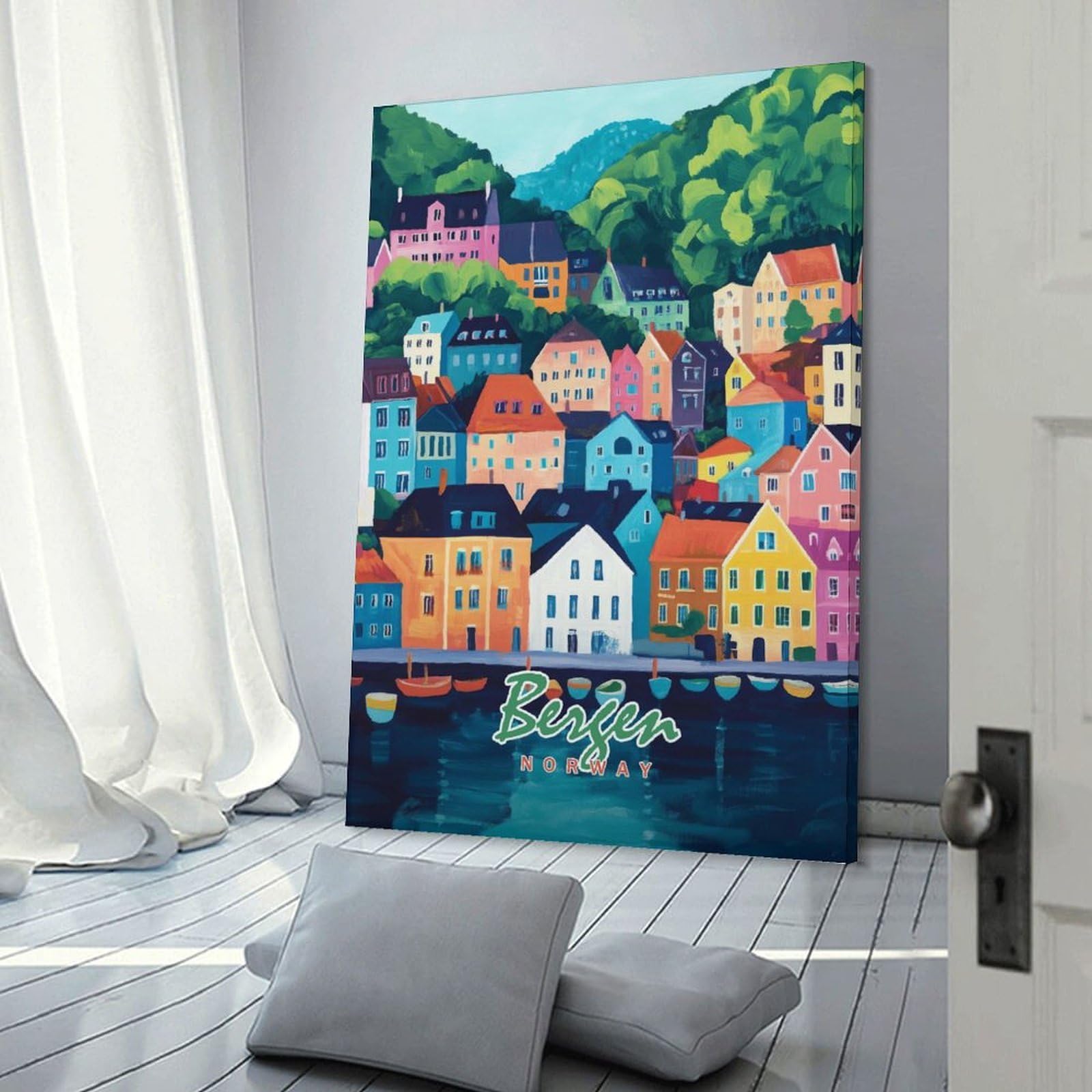 Junmoney Wall Picture Print Bergen, Norway Cityscape(2), 24x36inch(60x90cm), for Living Room, Bedroom Or Home Office, Thoughtful Wall Decor for Art Lovers