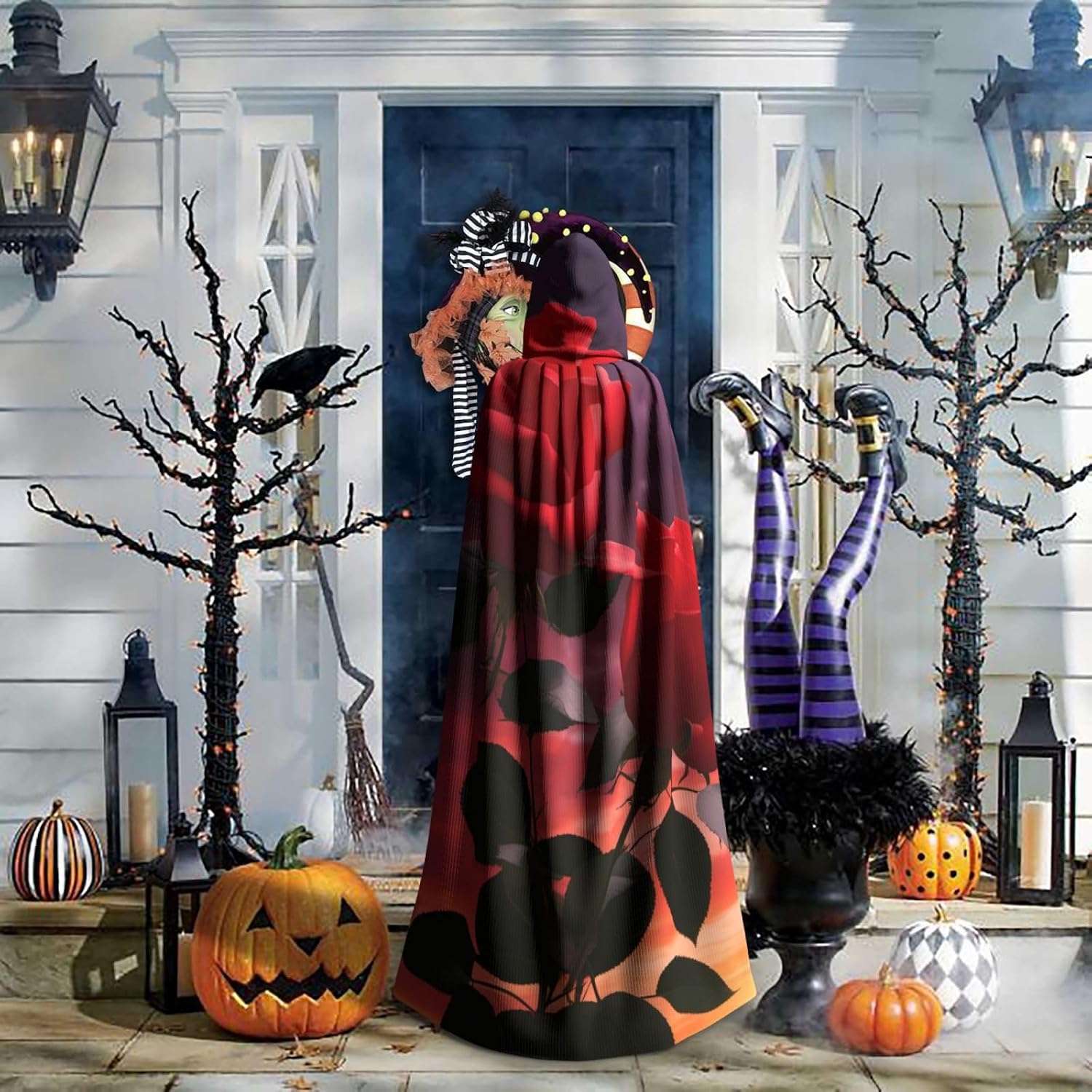 Unisex Full Length Hooded Halloween Christmas Party Robe Cloak Cape Cosplay Costume Men Women Two Red Roses Prints