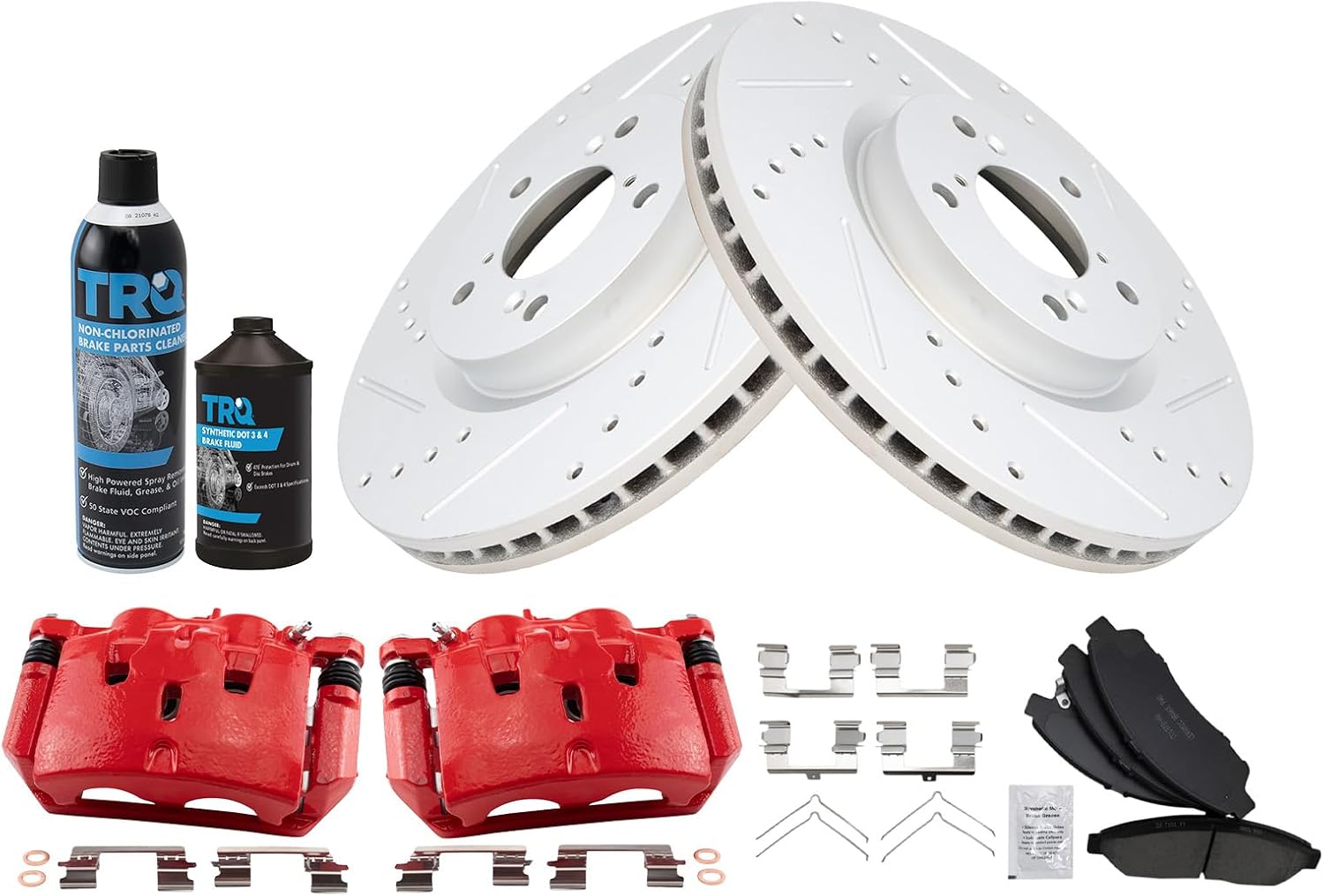 TRQ Front Performance Brake Pad & Rotor Kit Brake Caliper Brake Chemical Kit Brake Pads Brake Rotors Set Ceramic Premium G-Coated Compatible with 2009-2015 Honda Pilot