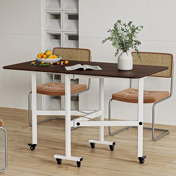 Folding Dining Table, Drop Leaf Dining Table, Foldable Expandable Table, Space Saving Table, Solid Wooden Foldable Kitchen Table with 6 Wheels for Kitchen, Bedroom, Dining Room Brown