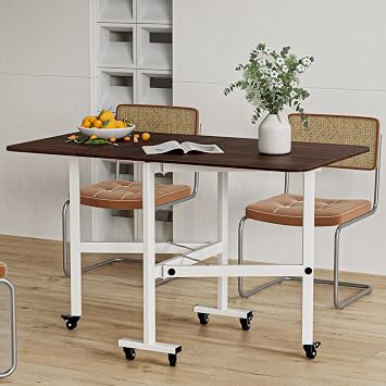 Folding Dining Table, Drop Leaf Dining Table, Foldable Expandable Table, Space Saving Table, Solid Wooden Foldable Kitchen Table with 6 Wheels for Kitchen, Bedroom, Dining Room Brown