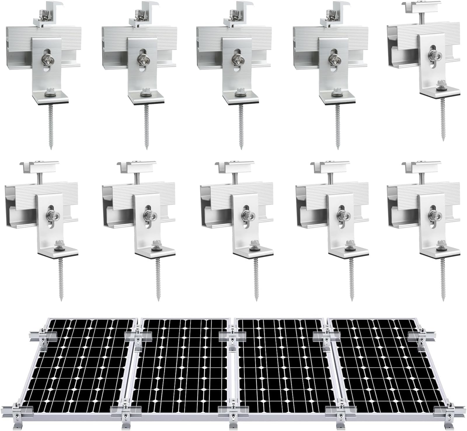 10PCS Solar Panel Mounting Brackets, Solar Panel Mount for 1-4PCS Thickness 1.4” Solar Panels, Solar Panel Brackets with 10x 6 Mini Rails 4X Water Drain Clips for Shingle,Slate,Metal and Tin Roof