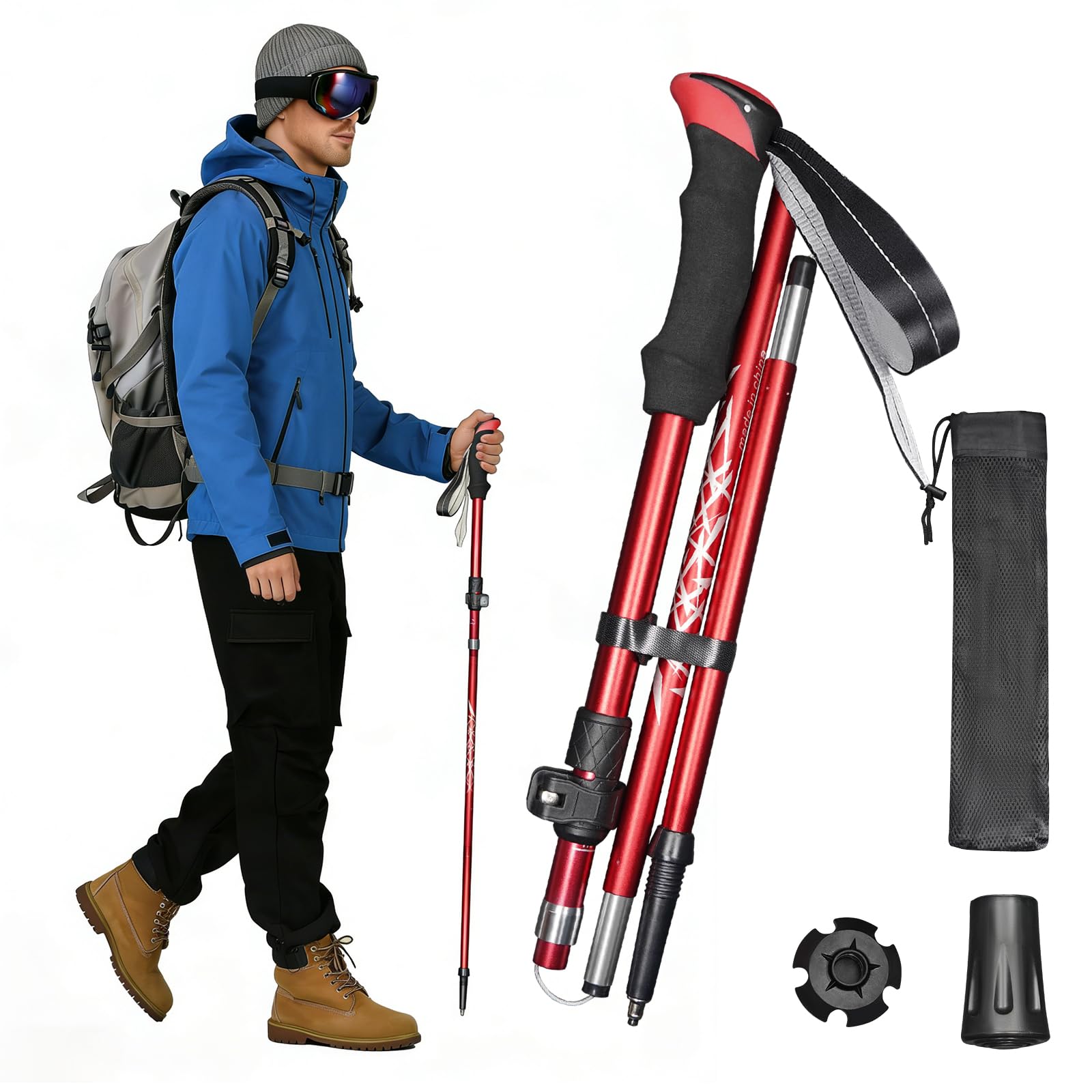 Deepfeel Składany kij trekkingowy ze stopu aluminium 7075 z teleskopową i składaną potrójną konstrukcją do podróży, na kemping, wspinaczkę