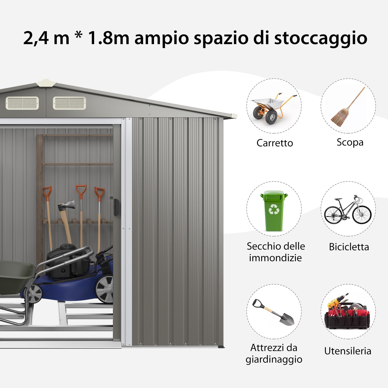COSTWAY Casetta da Giardino 4,74㎡, Capanno da Esterno in Lamiera Acciaio Zincato Resistente alle Intemperie con 4 Feritoie, Doppie Porte e Rampa, 260 x 207 x 181 cm (Grigio chiaro)