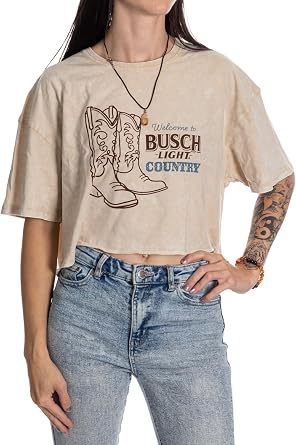 Calhoun Busch Light Country Boots Womens Oversize Drop Shoulder Acid Wash Cropped T-Shirt