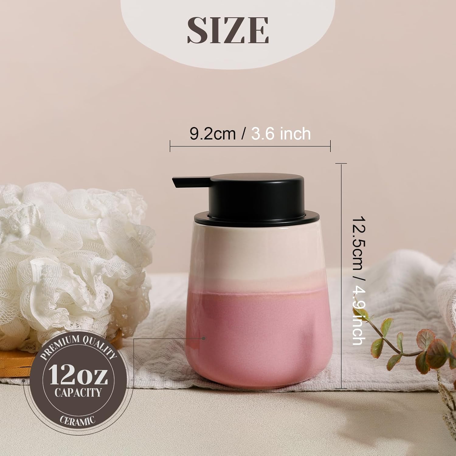 ingofin ceramic foaming soap dispenser - 12oz foam hand soap dispenser bathroom, refillable modern dish dispenser with pump for kitchen, beige and pink beige and pink-foam hand pump