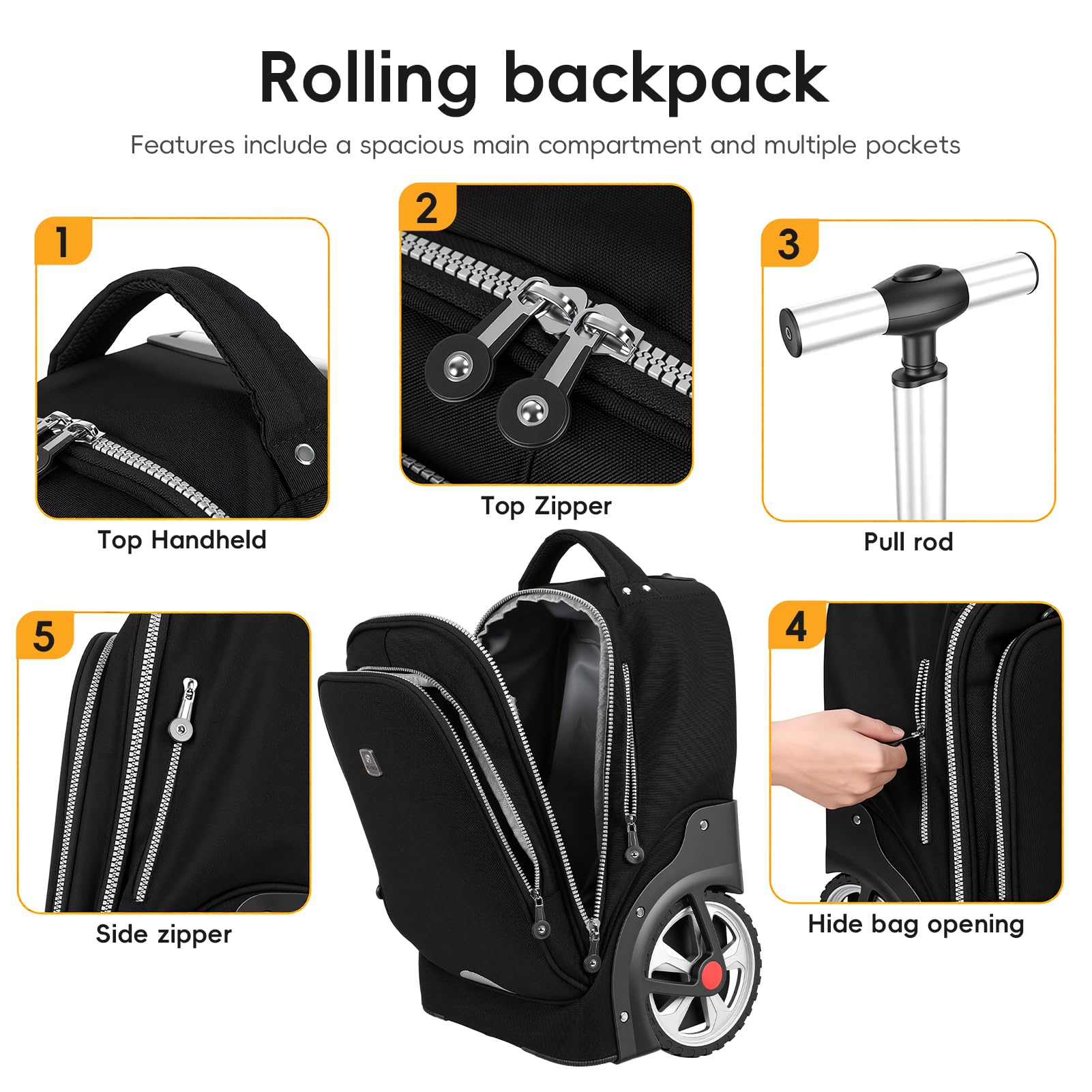 Reiserucksack mit Rollen, 48,3 cm Rolltasche, Laptop-Trolley-Trolley-Tasche, Handgepäck-Koffer für Erwachsene, Business, Uni, Arbeit, Übernachtungsrucksack, Schwarz , S, Klassisch