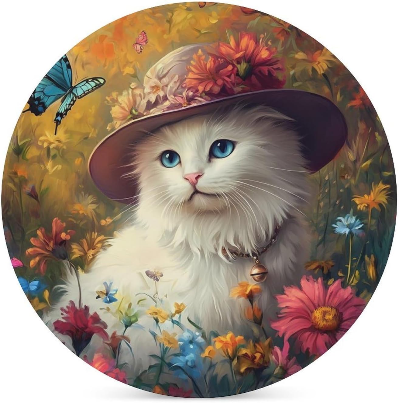 White Cat Coasters for Drink Round Ceramic Coaster with Cork Base Home Decorative 4PCS