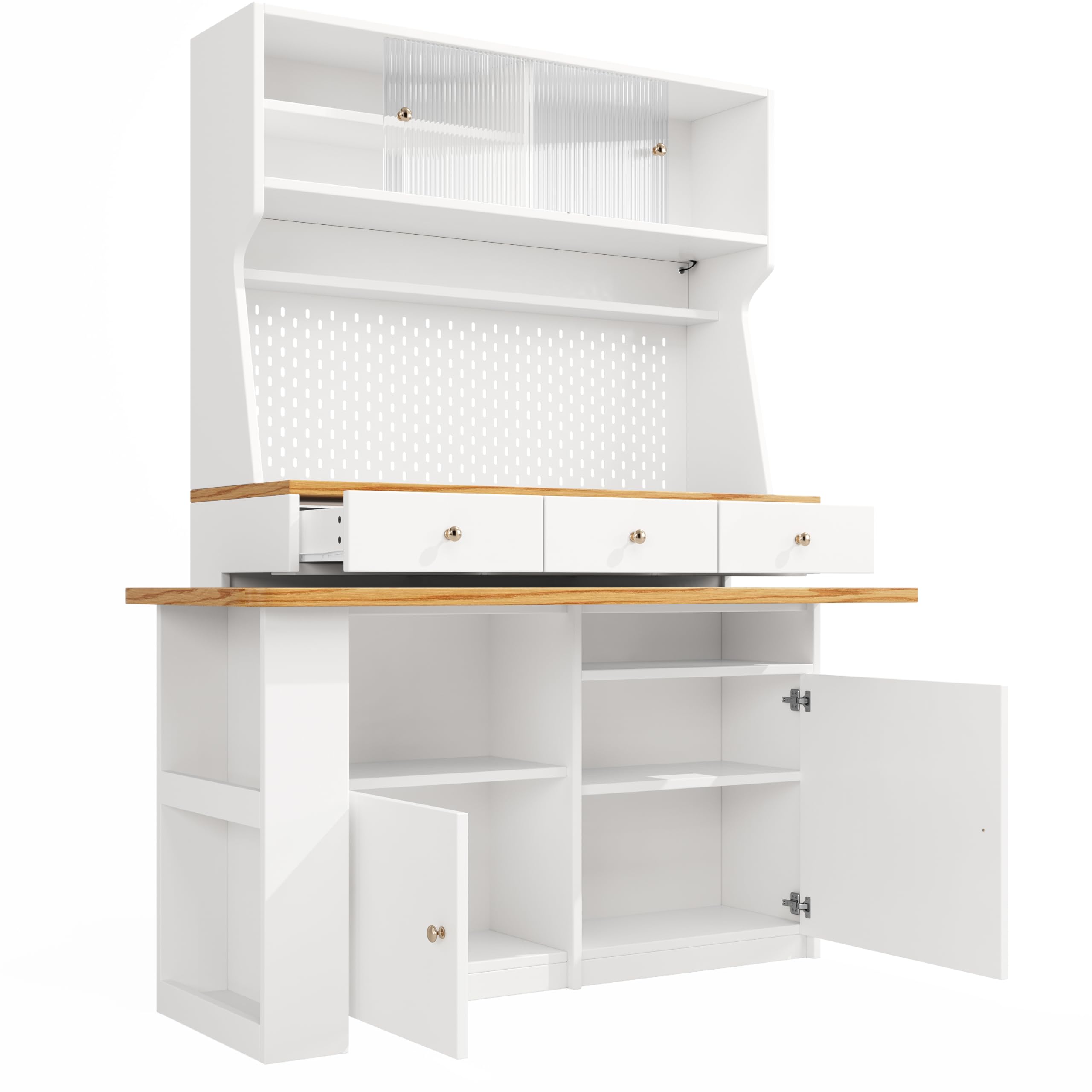Hochschrank mit Ausziehbarer Tisch, Buffetschrank, Küchenschrank, Standvitrine mit 2 Türen & 3 Schubladen, für Wohnzimmer, Küche, Arbeitszimmer, Schlafzimmer, 137×45×178cm (Weiß)