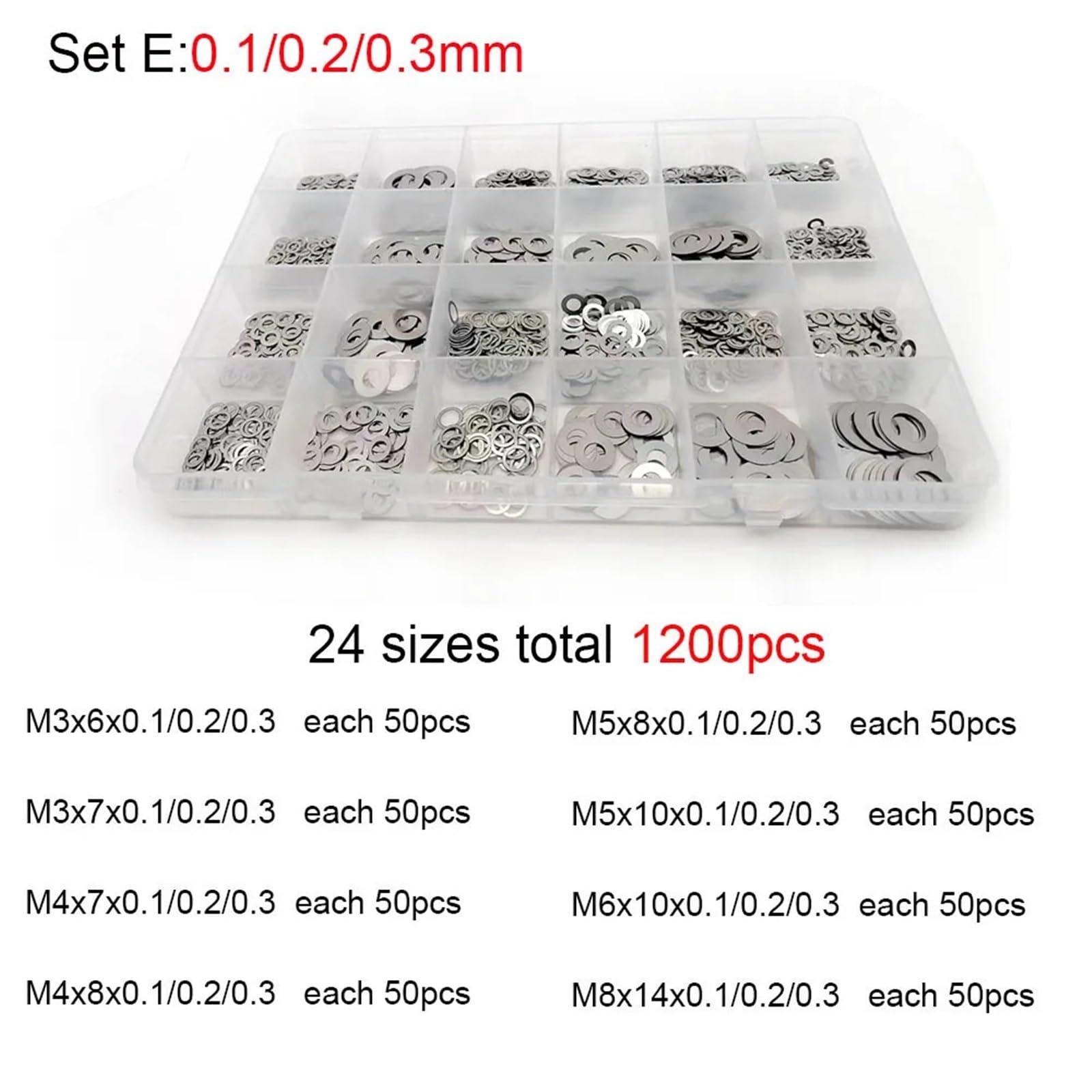 500/750/1200 Uds M2 M3 M4 M5 M6 M7 M8 304 A2 juego de arandelas ultrafinas acero inoxidable cuña ajuste caja Kit surtido juntas planas para Tornillos y Pernos(Set E (1200pcs))