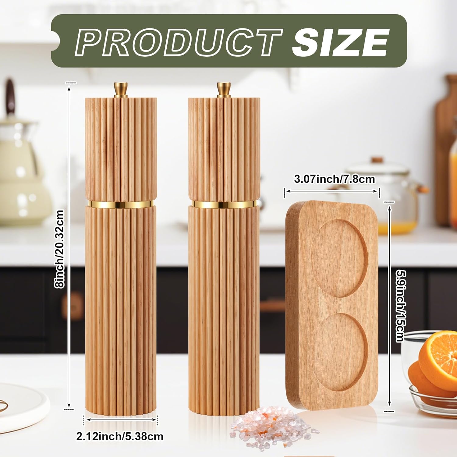 Wooden Salt and Pepper Grinder Set 8" Refillable Wooden Manual Salt and Pepper Mill Set with Adjustable Coarse Settings Rust Resistant Smooth Quality Grinding Mechanism(Fluted,Wood)