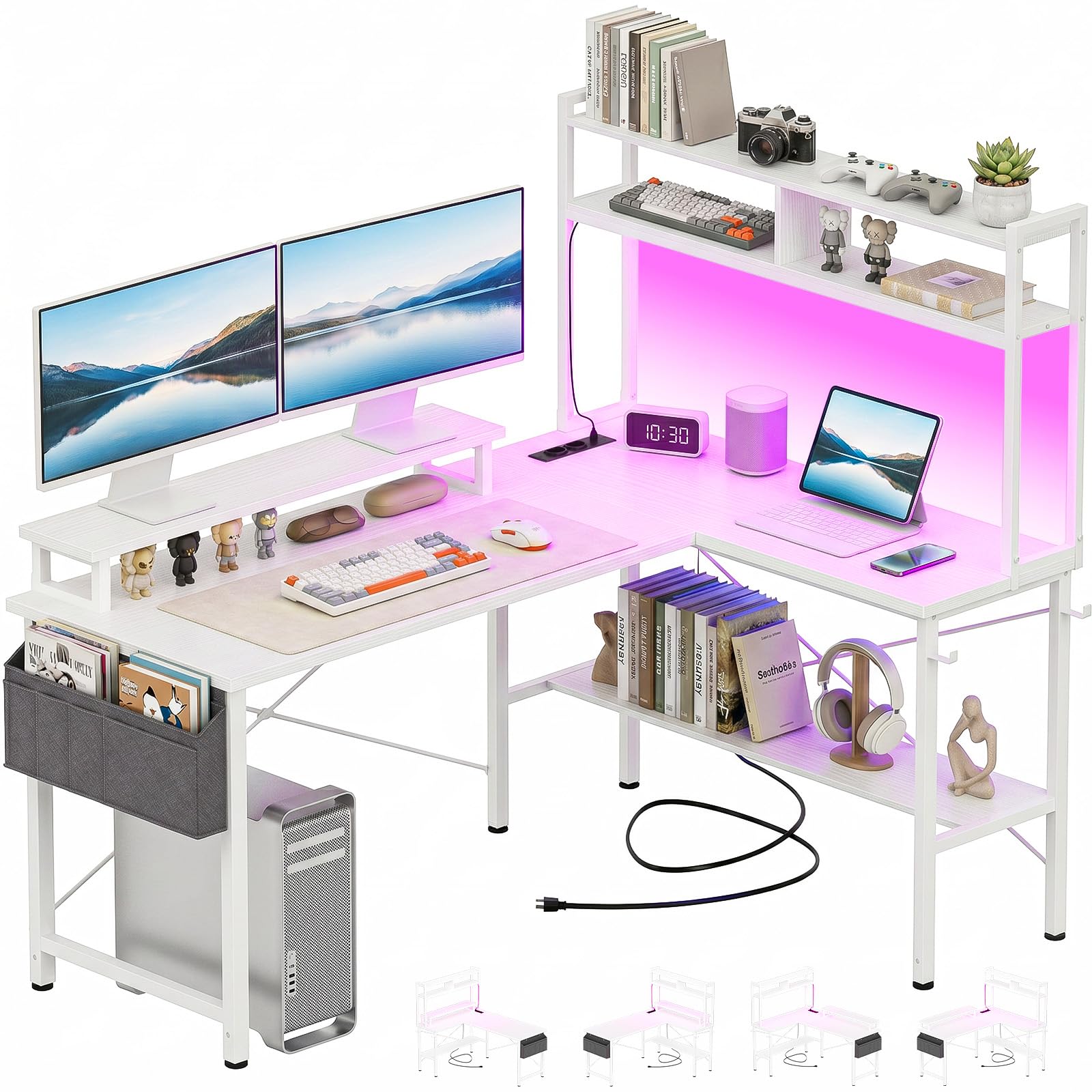 Homieasy Scrivania Gaming Angolare 124cm con LED e Prese, Bianco | Reversibile, Libreria, Supporto Monitor e Borsa, Salvaspazio, Metallo e MDF
