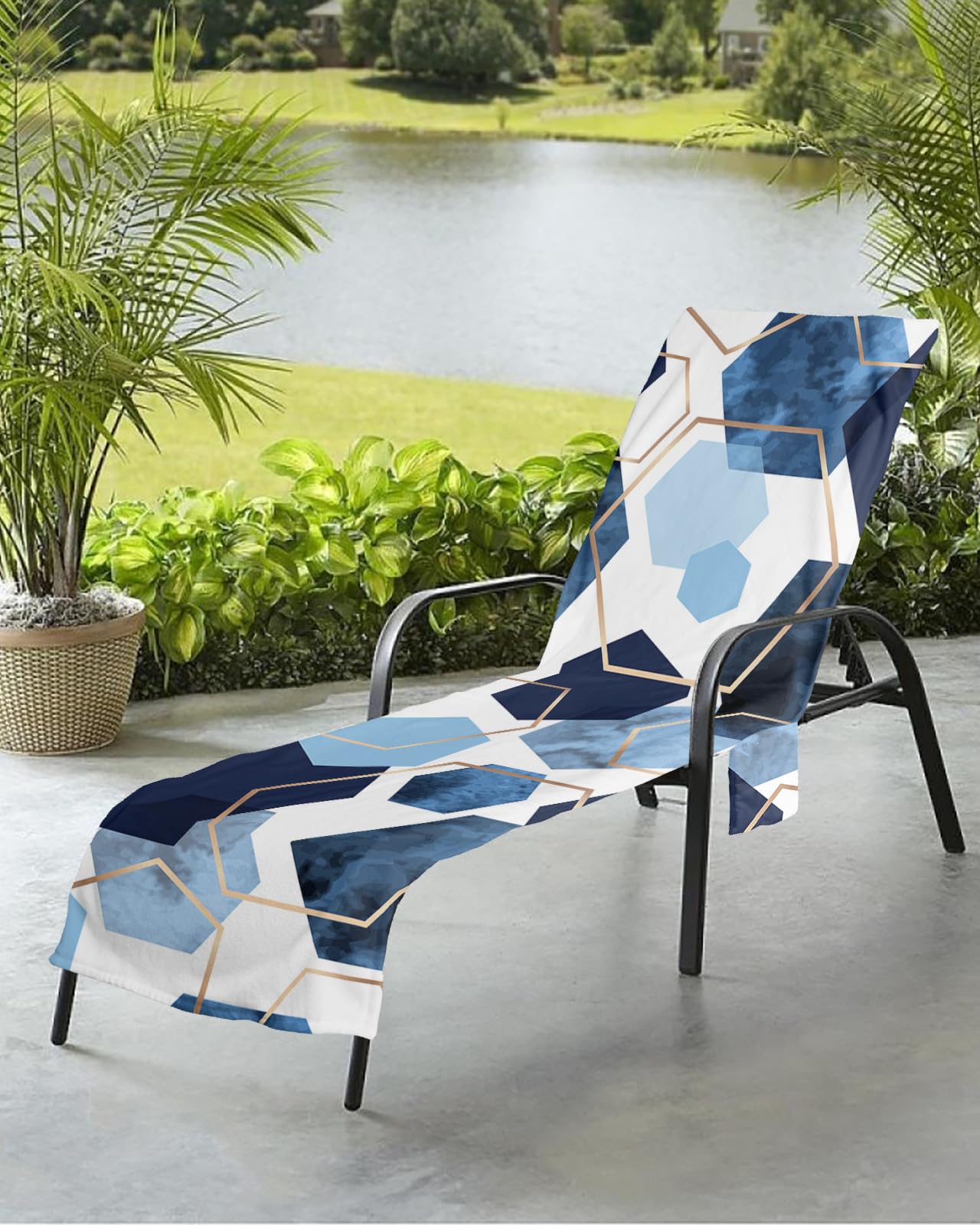 Blue Gold Beach Chair Towel Covers for Chaise Lounge with Side Pocket, Soft Plush Pool Towels Cover for Patio Sunbathing Outdoor 29''x85'' Gradual Modern Abstract Geometric White