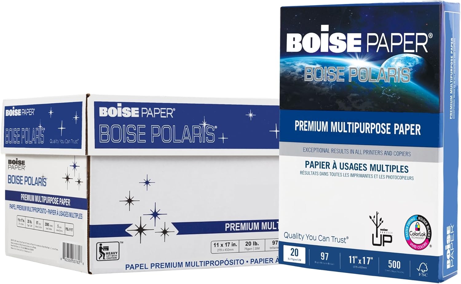 Boise® POLARIS® Premium Multi-Use Printer & Copy Paper, 5 Reams, White, Ledger (11" x 17"), 2500 Sheets Per Case, 20 Lb,