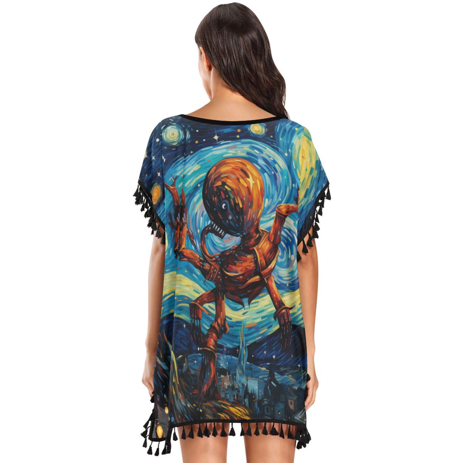 KAAVIYO Watercolor Moon Cartoon Lobster Women's Beach Cover Up Chiffon Tassel Swimwear Swimsuit Coverups for Girl