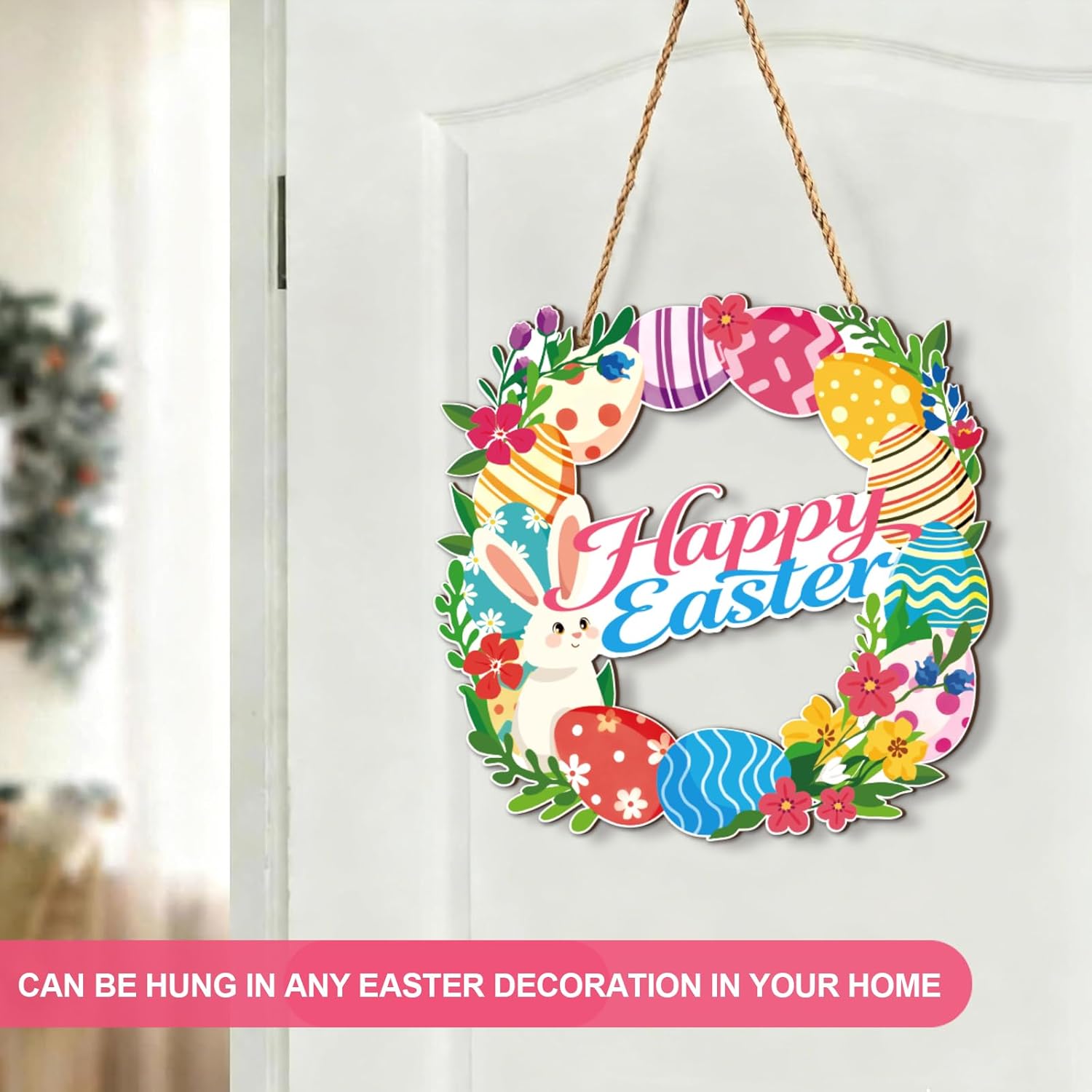 Wooden Easter Decoration Door Wreath, 12" Easter Wreaths for Front Door Wall Signs Rabbit Spring Hanging Ornaments, Spring Holiday Door Wall Home Garden Tree Decor - Image 6