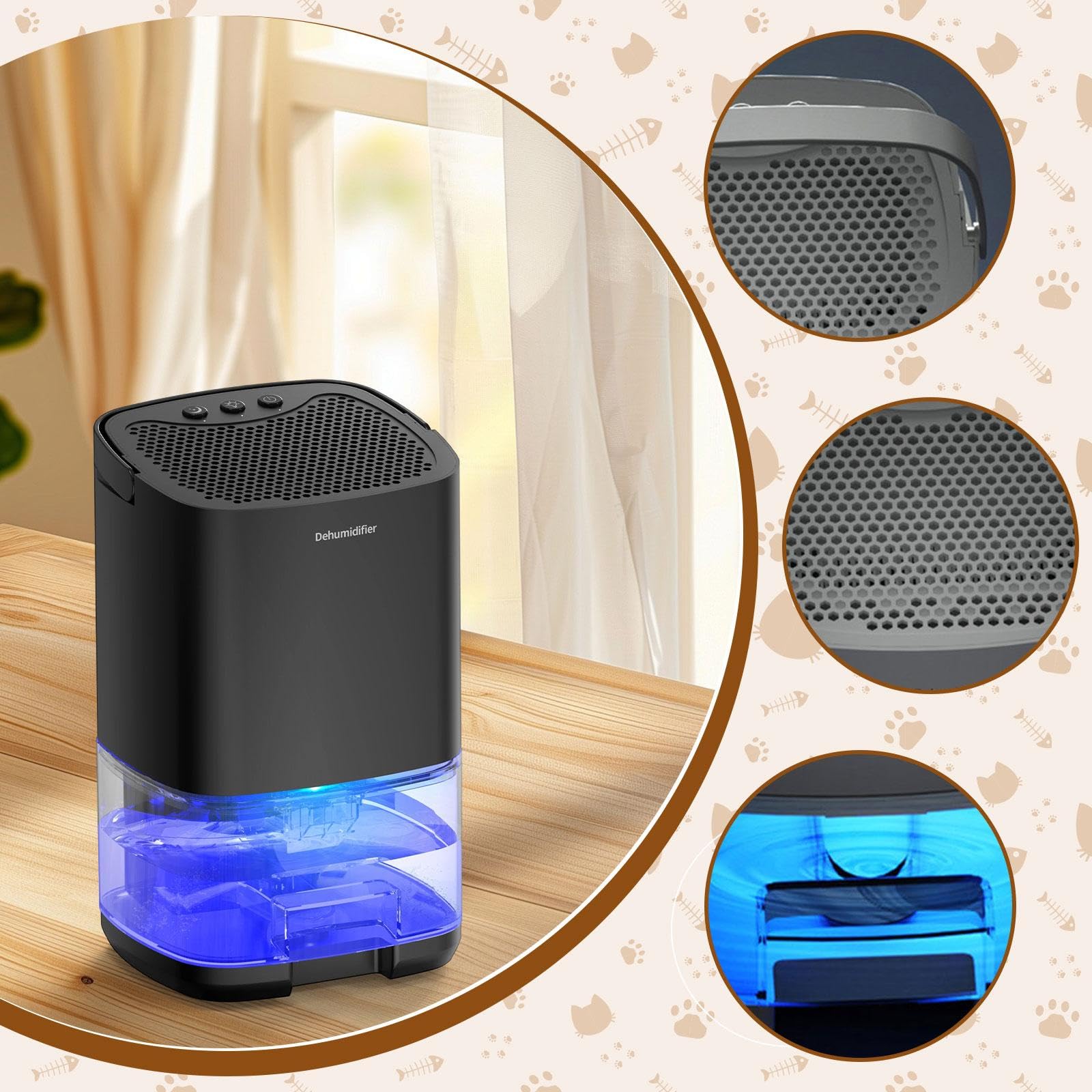 Mini Deumidificatore Portatile con Capacità di 1000 Ml, Spegnimento Automatico, Luce Notturna, Tecnologia Silenziosa, Adatto per Camera Da Letto, Bagn, Nero