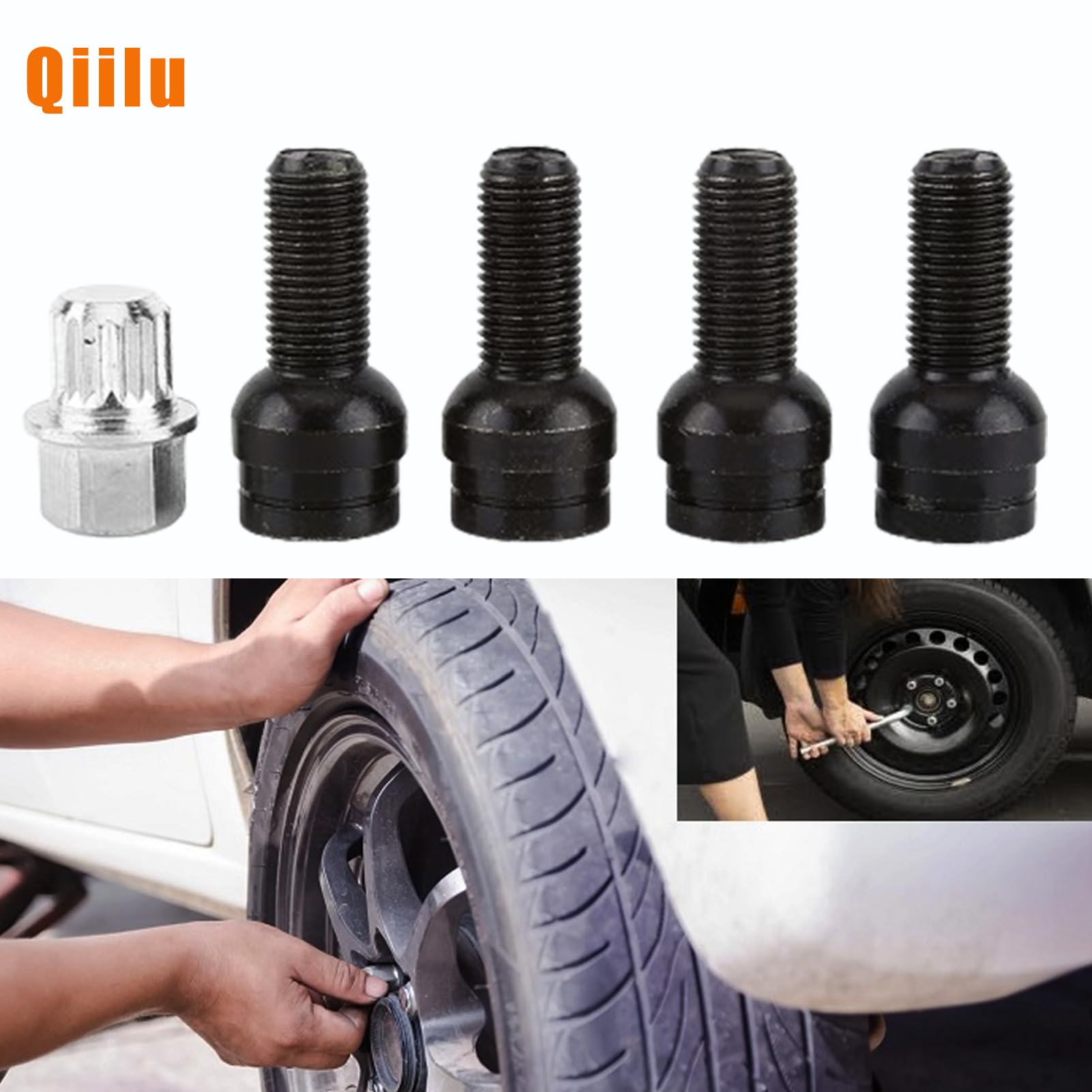 Bulloni ruota, 4 + 1 M14 * 1.5MM Bullone ruota in acciaio nero e dadi di bloccaggio con chiave per