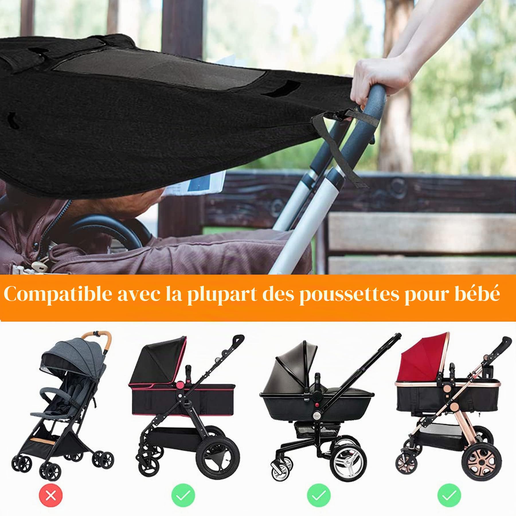 Pare Soleil Poussette Universelle,Pare-Soleil de Poussette pour Bébé vec Fenêtre,avec protection UV 50+,Maille Enroulable,Auvent à Sangle Réglable,tissu double couche avec d'ombrage extra larges